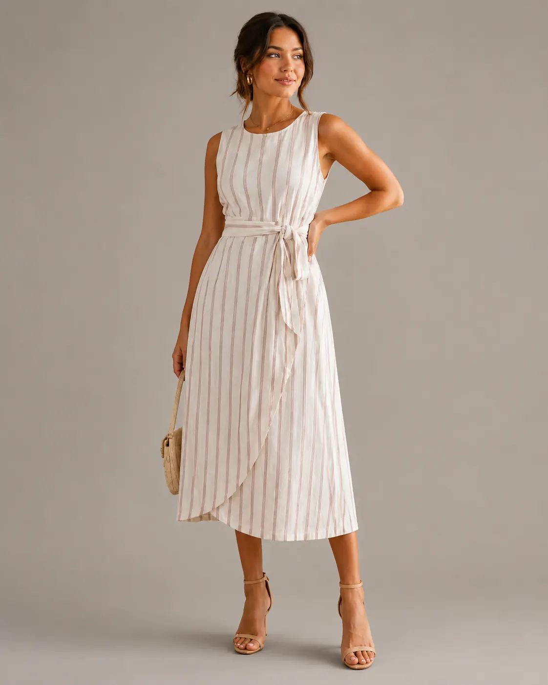 Vestido midi listrado bege com cinto
